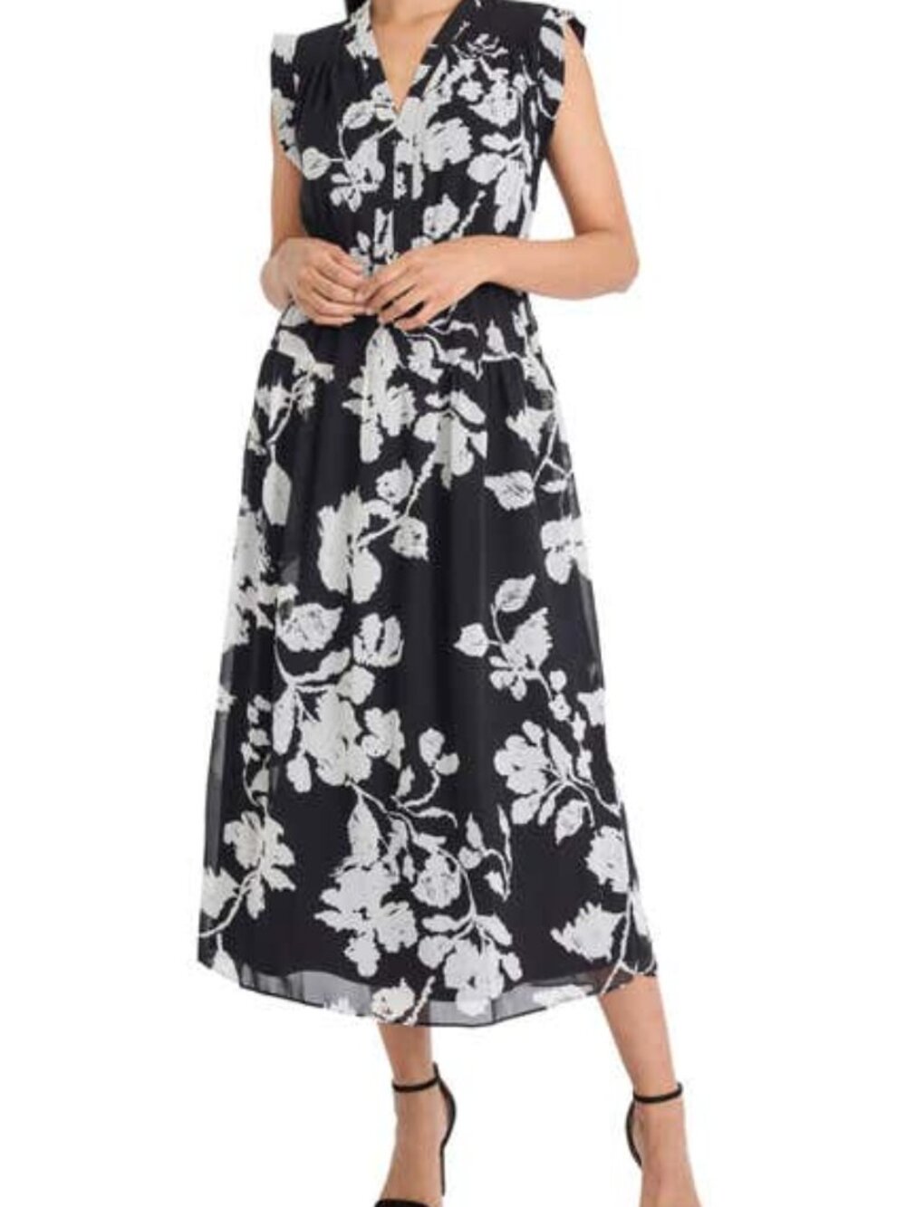 Maggy London Chiffon Maxi Dress Size 10 Black with Ivory Floral Print